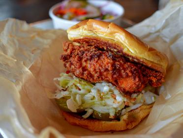 Nashville Hot Chicken Sandwich and Cucumber Salad